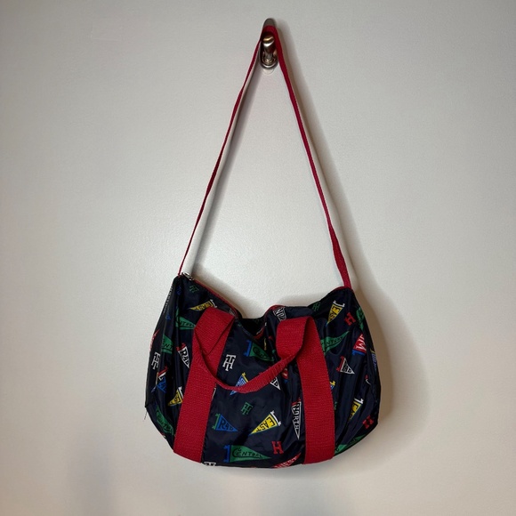 Tommy Hilfiger Preppy Flag Pennant Print Small Duffle Bag Purse Varsity Style - Picture 2 of 5